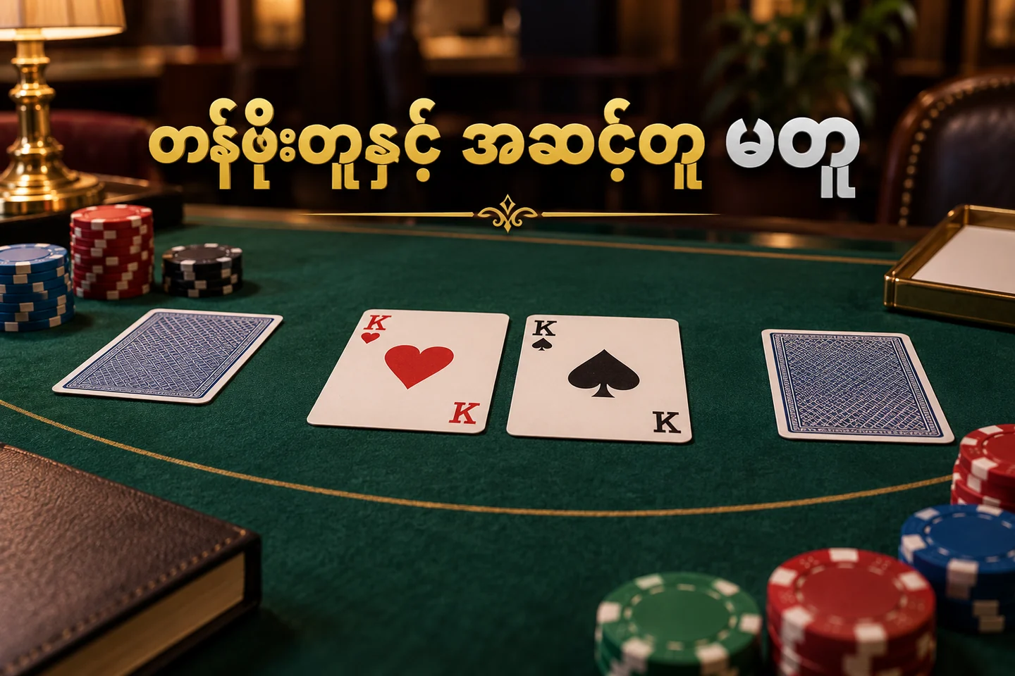 ဘလက်ဂျက်စားပွဲပေါ် အရောင်နှင့်အပွင့်ကွဲ ဖဲအတွဲများကို ပြထားပုံ